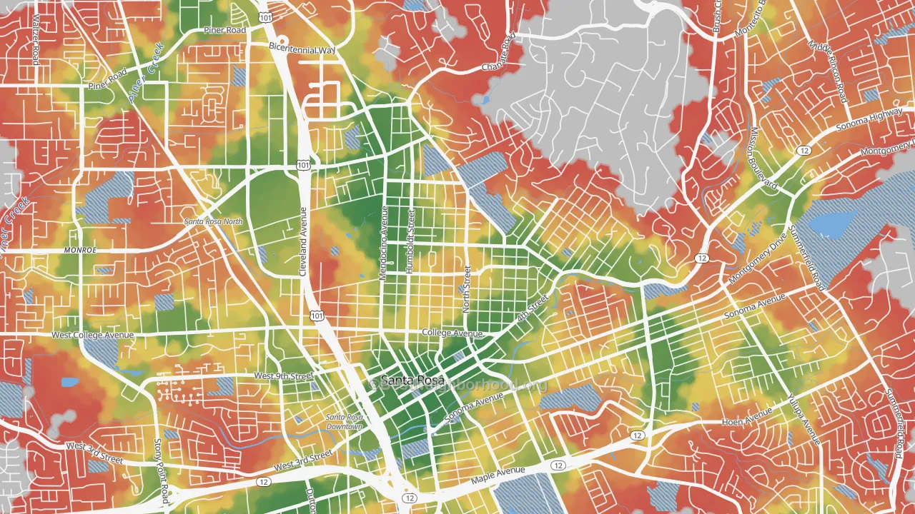 Walk Grade map of Junior College Neighborhood Assc., Santa Rosa, CA, walkable areas in green and car-dependent areas in red