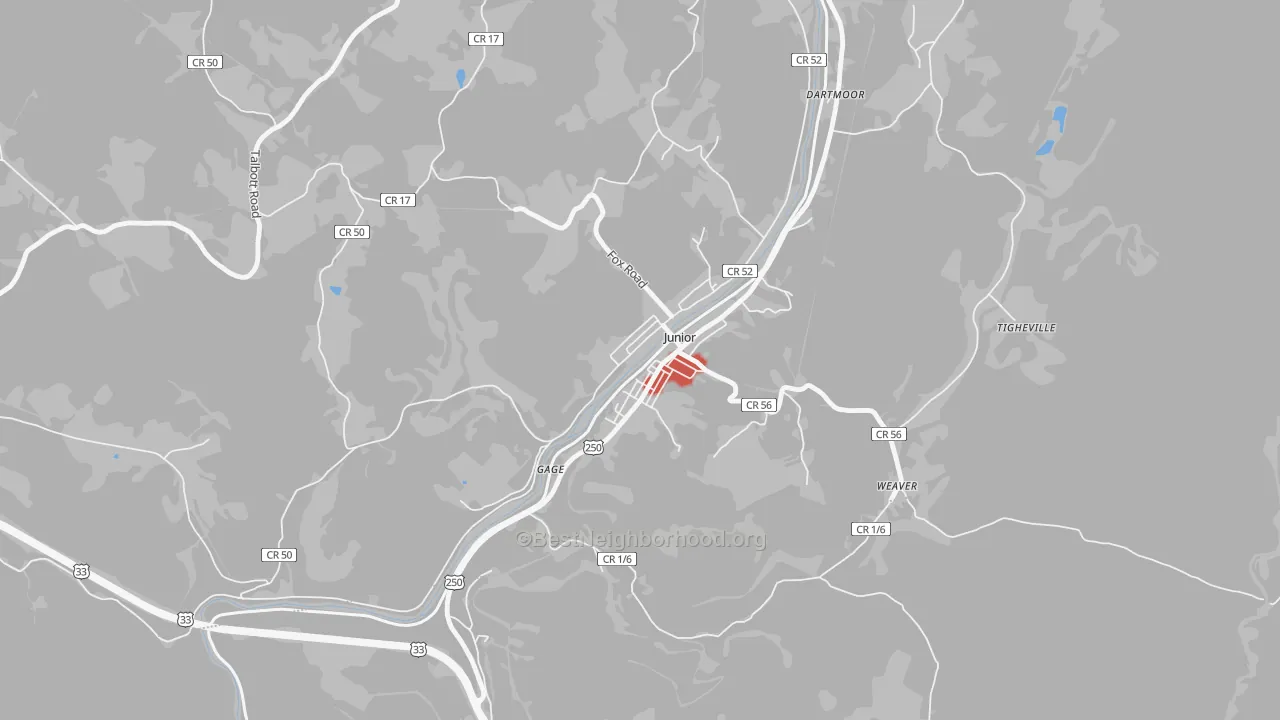 Walk Grade map of Junior, WV, walkable areas in green and car-dependent areas in red