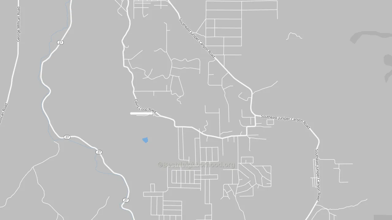 Walk Grade map of Juniper Canyon, Prineville, OR, walkable areas in green and car-dependent areas in red