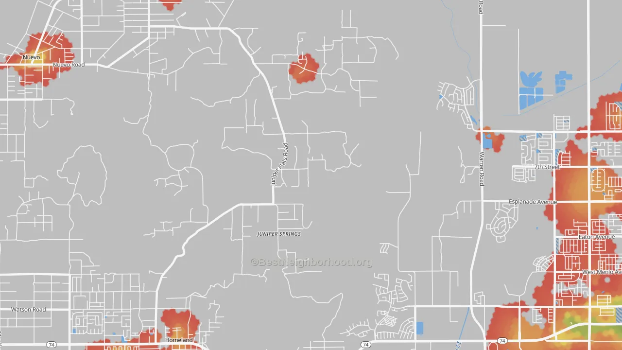 Walk Grade map of Juniper Springs, CA, walkable areas in green and car-dependent areas in red