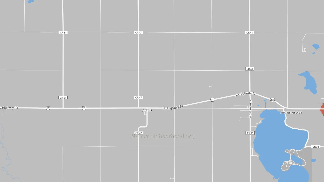Walk Grade map of Junius, SD, walkable areas in green and car-dependent areas in red