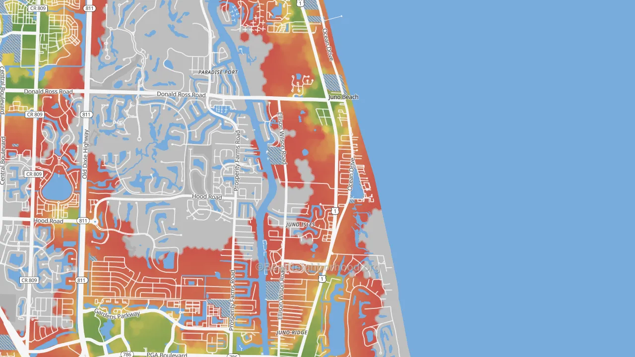 Walk Grade map of Juno Beach, FL, walkable areas in green and car-dependent areas in red
