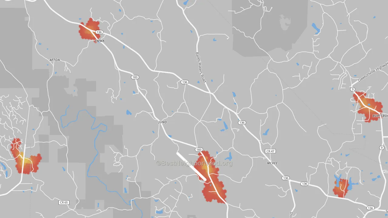 Walk Grade map of Juno, GA, walkable areas in green and car-dependent areas in red