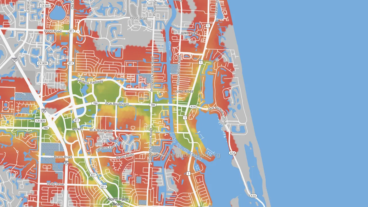Walk Grade map of Juno Ridge, FL, walkable areas in green and car-dependent areas in red