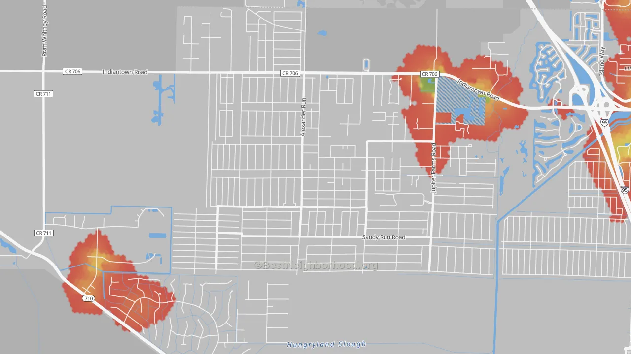 Walk Grade map of Jupiter Farms, FL, walkable areas in green and car-dependent areas in red