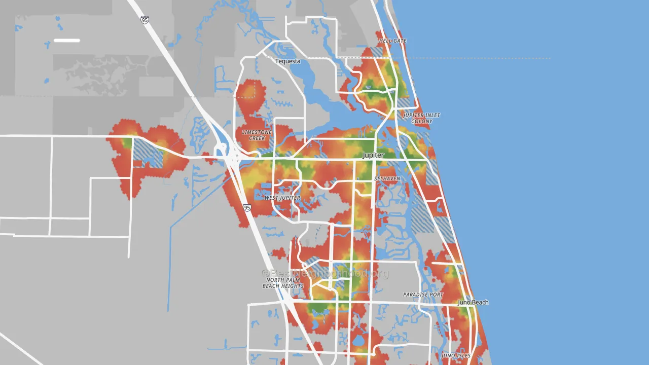Walk Grade map of Jupiter, FL, walkable areas in green and car-dependent areas in red