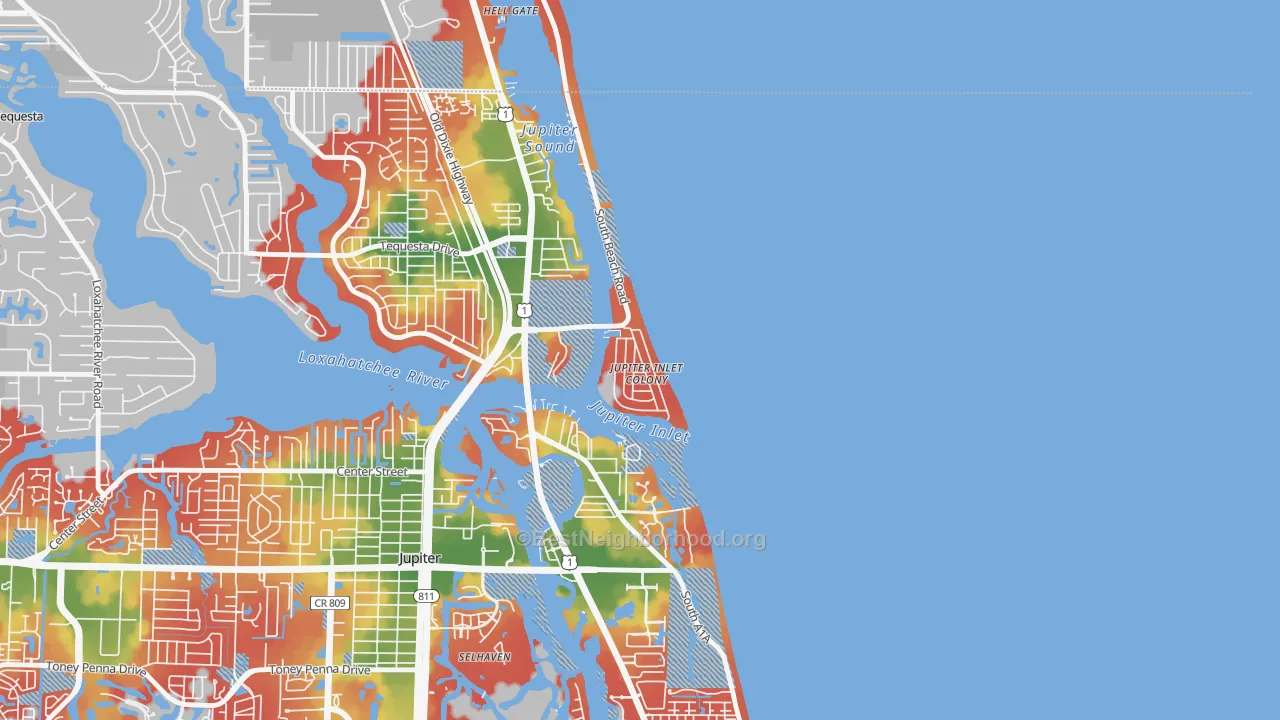 Walk Grade map of Jupiter Inlet Colony, FL, walkable areas in green and car-dependent areas in red