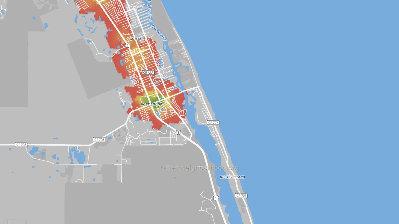 Walk Grade map of Jupiter Island, FL, walkable areas in green and car-dependent areas in red