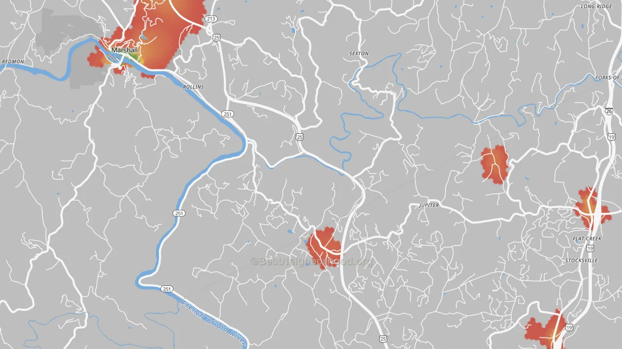 Walk Grade map of Jupiter, NC, walkable areas in green and car-dependent areas in red