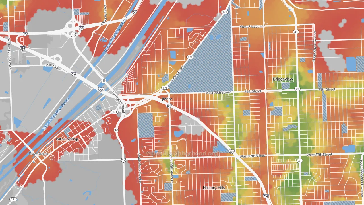 Walk Grade map of Justice, IL, walkable areas in green and car-dependent areas in red