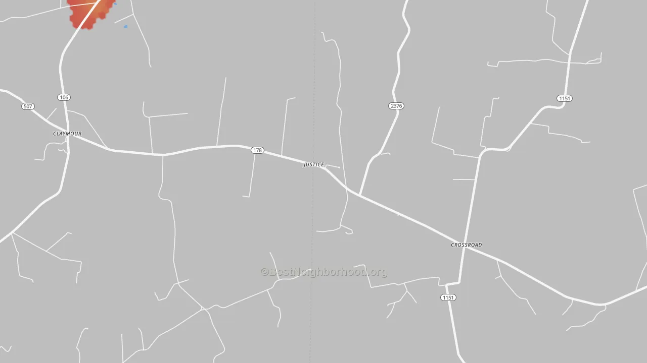 Walk Grade map of Justice, KY, walkable areas in green and car-dependent areas in red