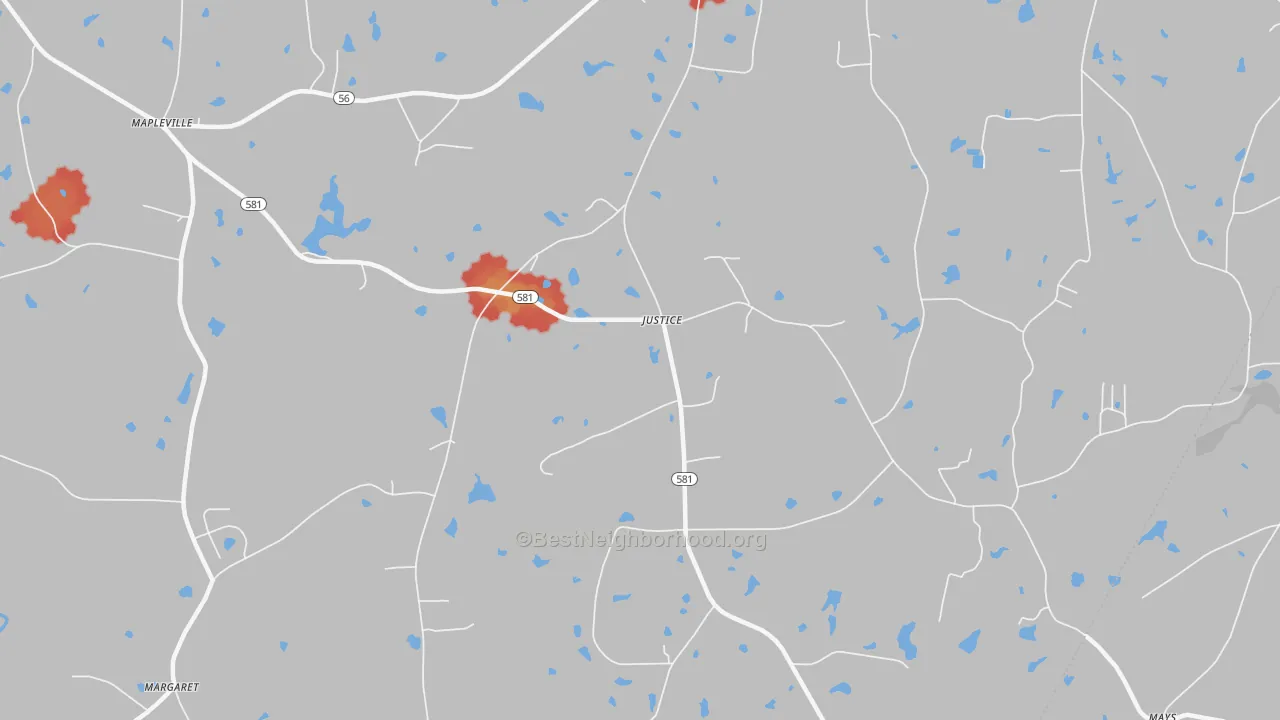 Walk Grade map of Justice, NC, walkable areas in green and car-dependent areas in red
