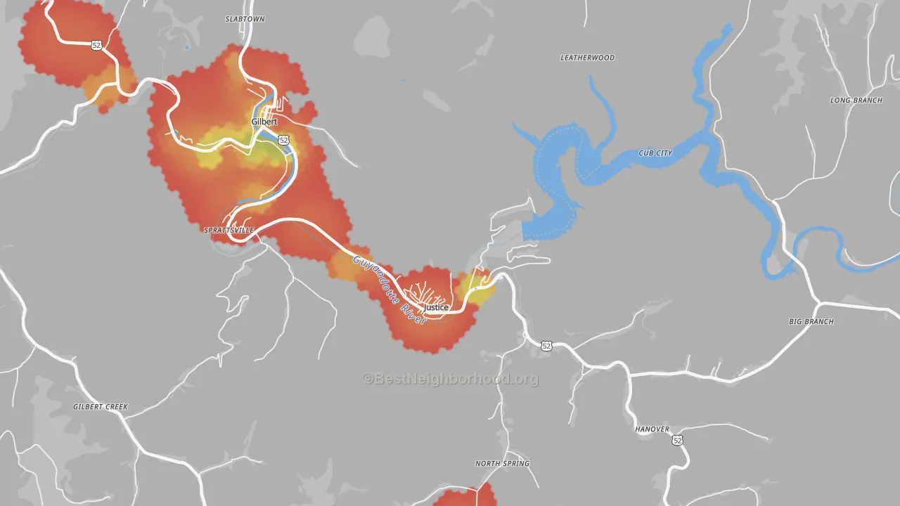 Walk Grade map of Justice, WV, walkable areas in green and car-dependent areas in red