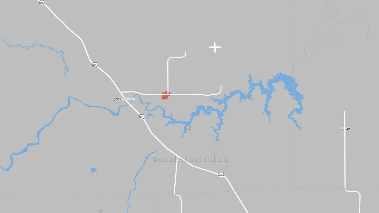 Walk Grade map of Justiceburg, TX, walkable areas in green and car-dependent areas in red