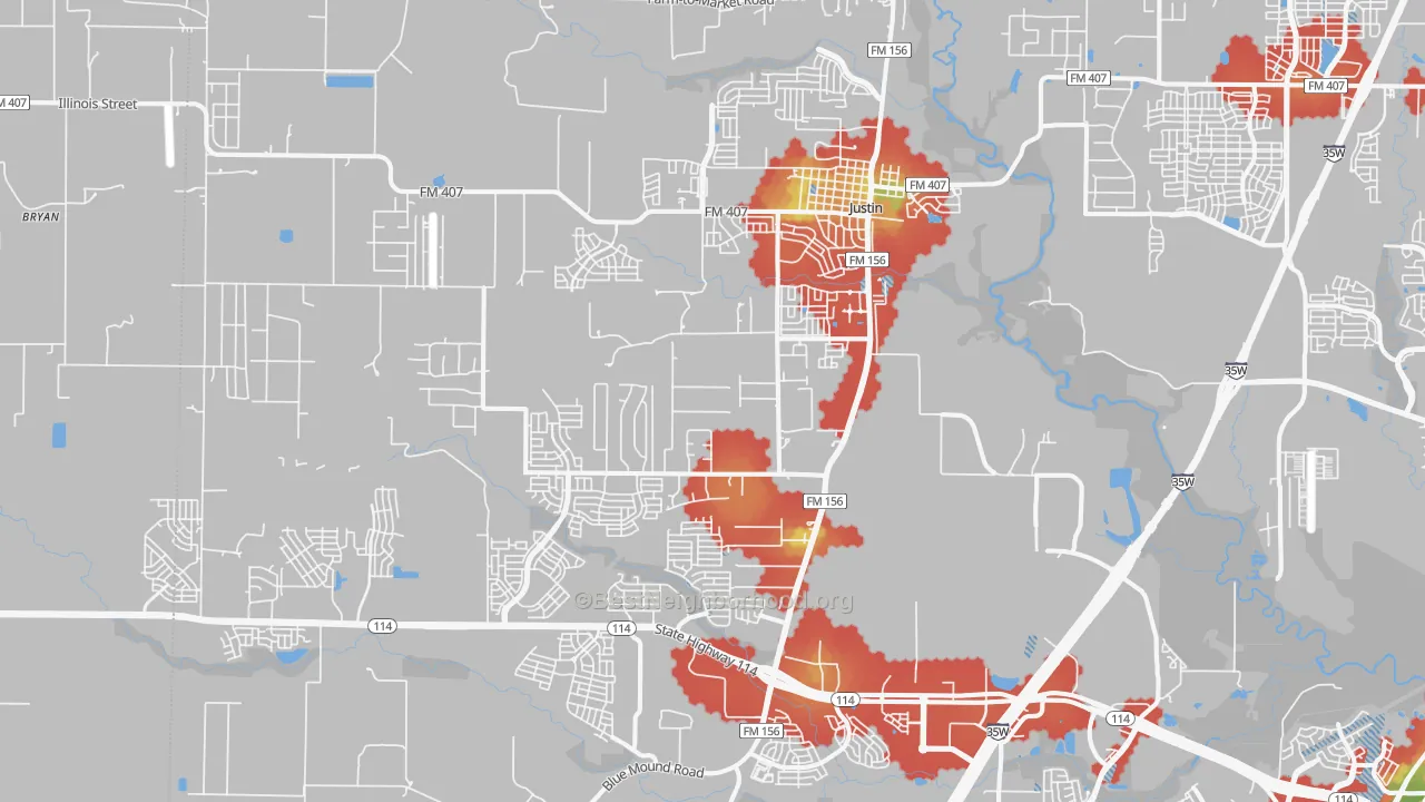 Walk Grade map of Justin, TX, walkable areas in green and car-dependent areas in red
