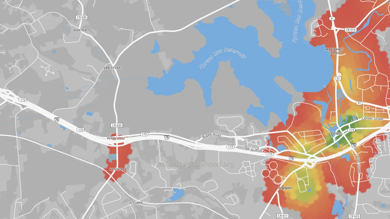Walk Grade map of Jutland, NJ, walkable areas in green and car-dependent areas in red
