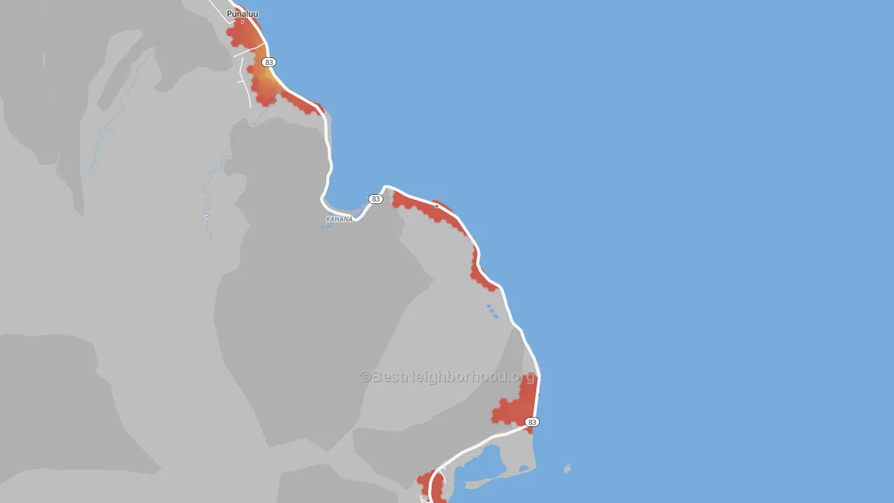 Walk Grade map of Kaaawa, HI, walkable areas in green and car-dependent areas in red