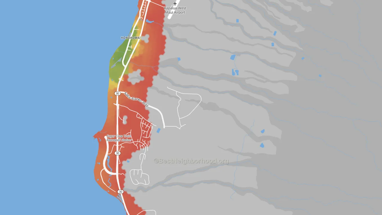 Walk Grade map of Kaanapali, HI, walkable areas in green and car-dependent areas in red