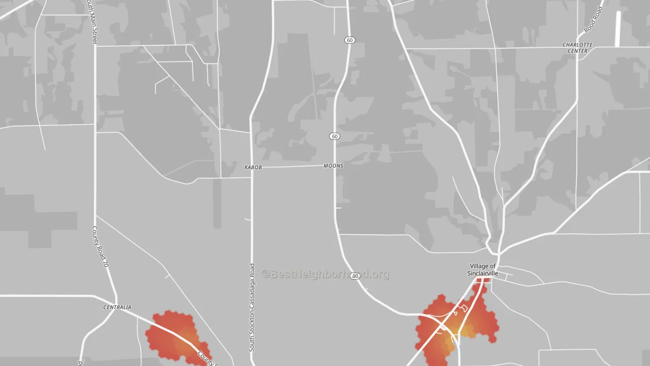 Walk Grade map of Kabob, NY, walkable areas in green and car-dependent areas in red