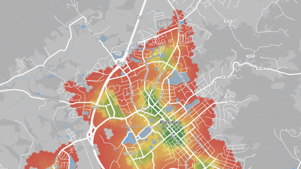 Walk Grade map of Kabrich Crescent, Blacksburg, VA, walkable areas in green and car-dependent areas in red