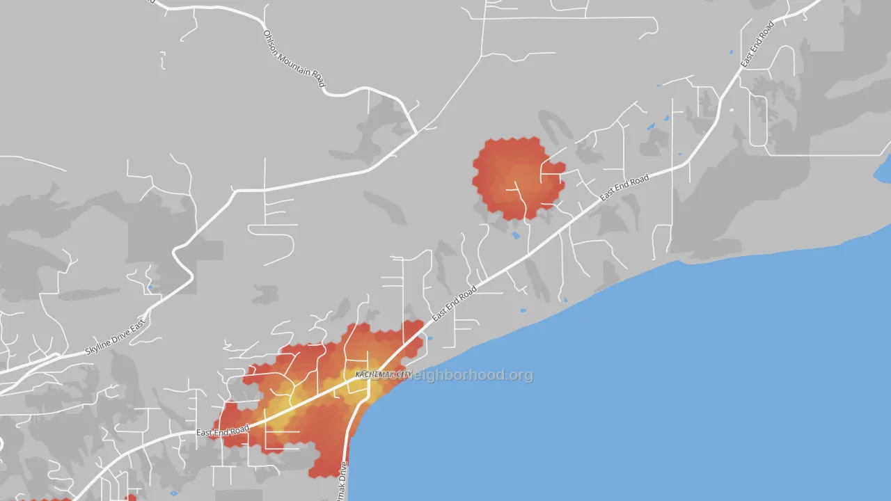 Walk Grade map of Kachemak, AK, walkable areas in green and car-dependent areas in red
