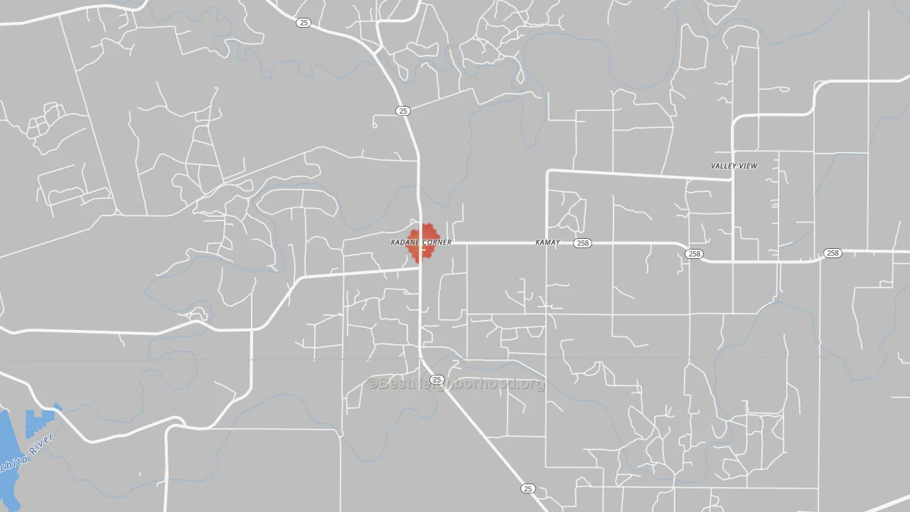 Walk Grade map of Kadane Corner, TX, walkable areas in green and car-dependent areas in red