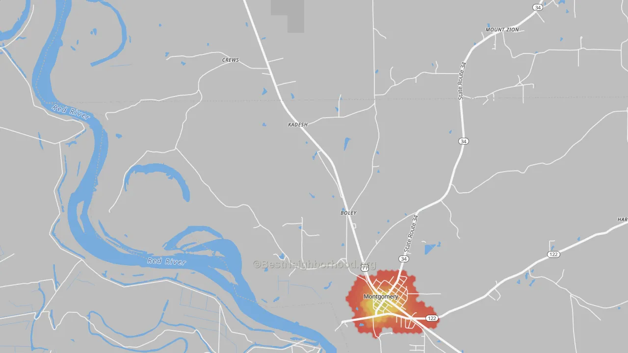 Walk Grade map of Kadesh, LA, walkable areas in green and car-dependent areas in red