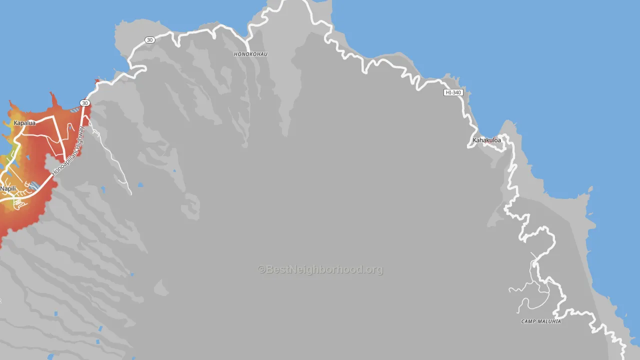 Walk Grade map of Kahakuloa, HI, walkable areas in green and car-dependent areas in red
