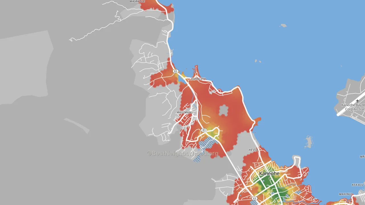 Walk Grade map of Kahaluu, Kaneohe, HI, walkable areas in green and car-dependent areas in red
