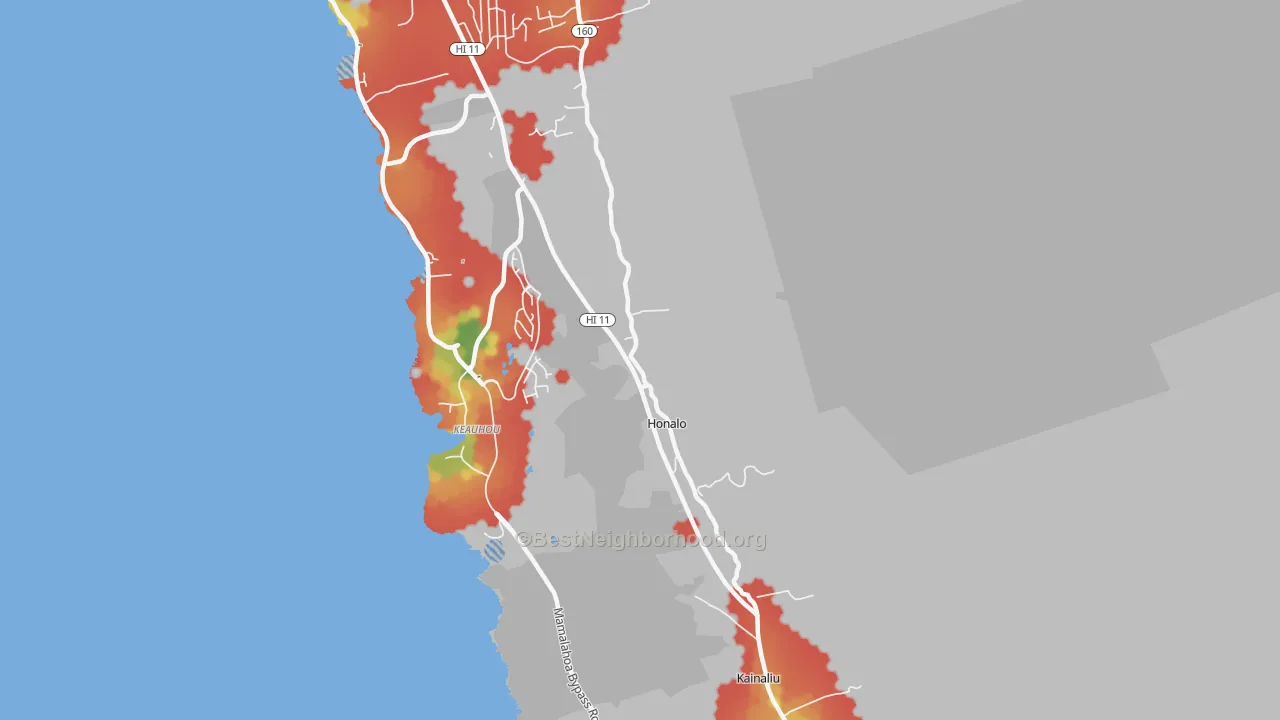 Walk Grade map of Kahaluu-Keauhou, HI, walkable areas in green and car-dependent areas in red