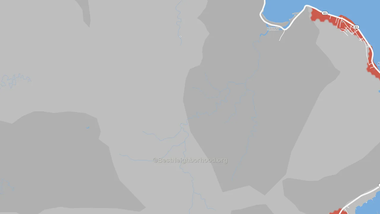 Walk Grade map of Kahana, HI, walkable areas in green and car-dependent areas in red