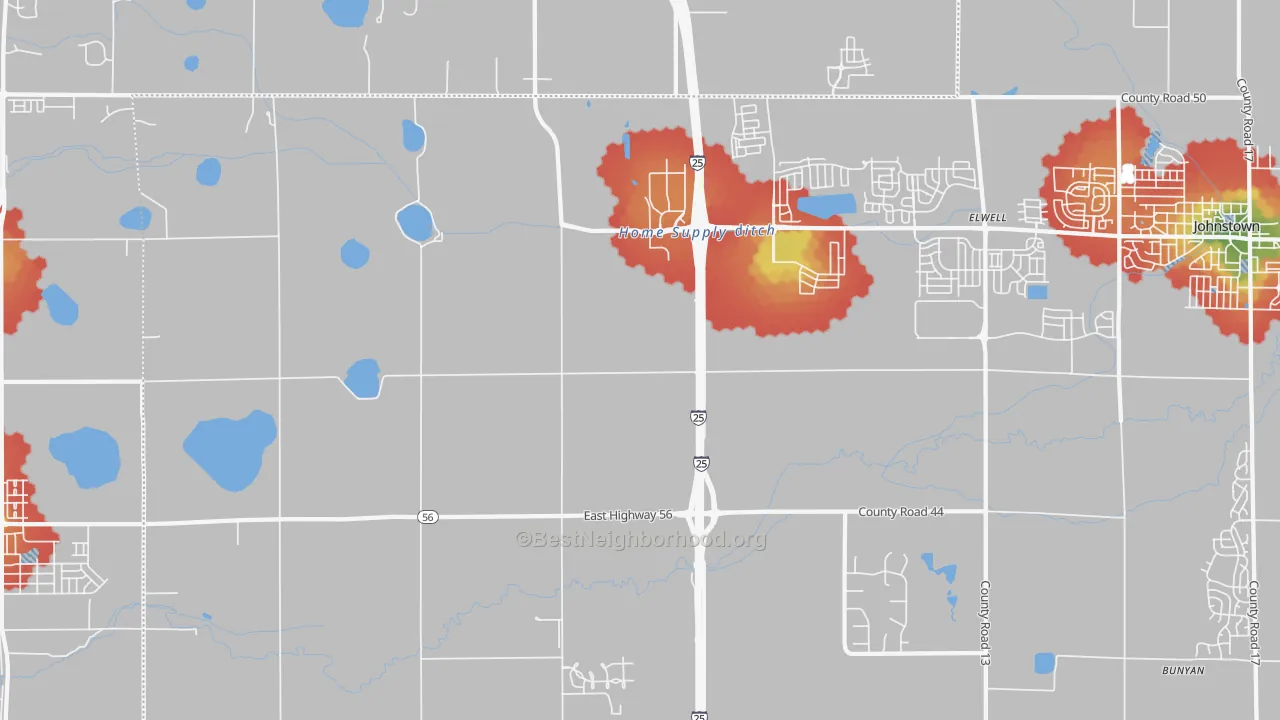 Walk Grade map of Kahler, CO, walkable areas in green and car-dependent areas in red