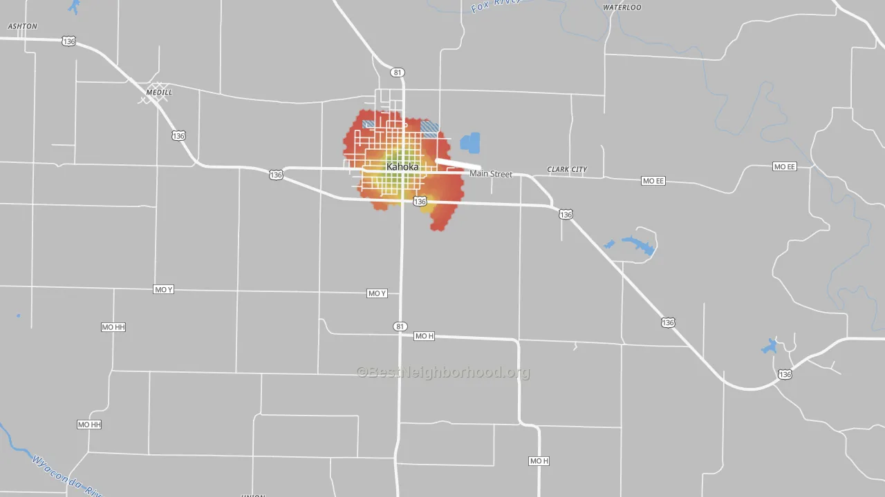 Walk Grade map of Kahoka, MO, walkable areas in green and car-dependent areas in red
