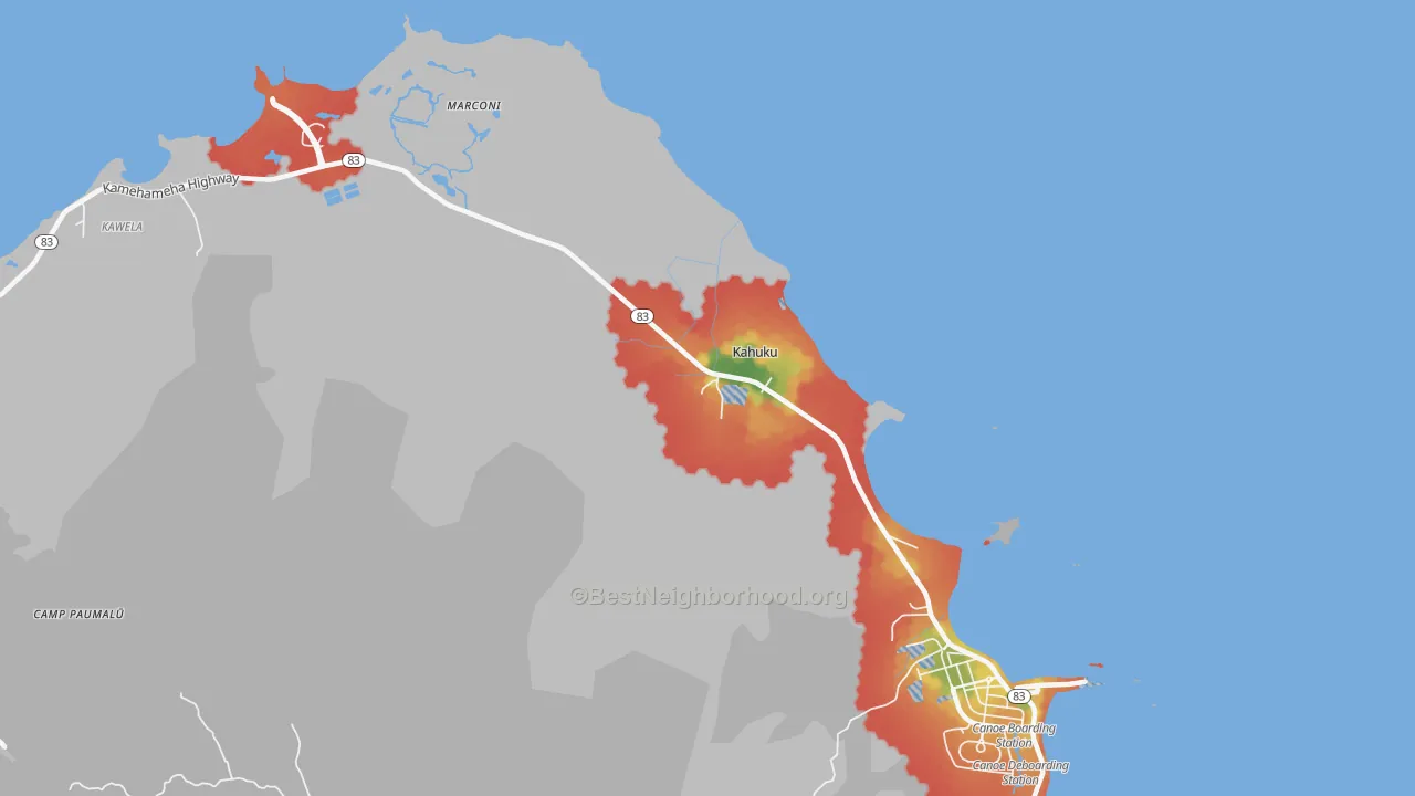 Walk Grade map of Kahuku, HI, walkable areas in green and car-dependent areas in red