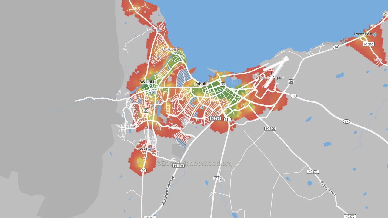 Walk Grade map of Kahului, HI, walkable areas in green and car-dependent areas in red