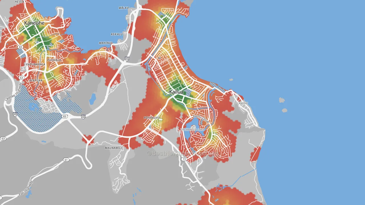 Walk Grade map of Kailua, HI, walkable areas in green and car-dependent areas in red