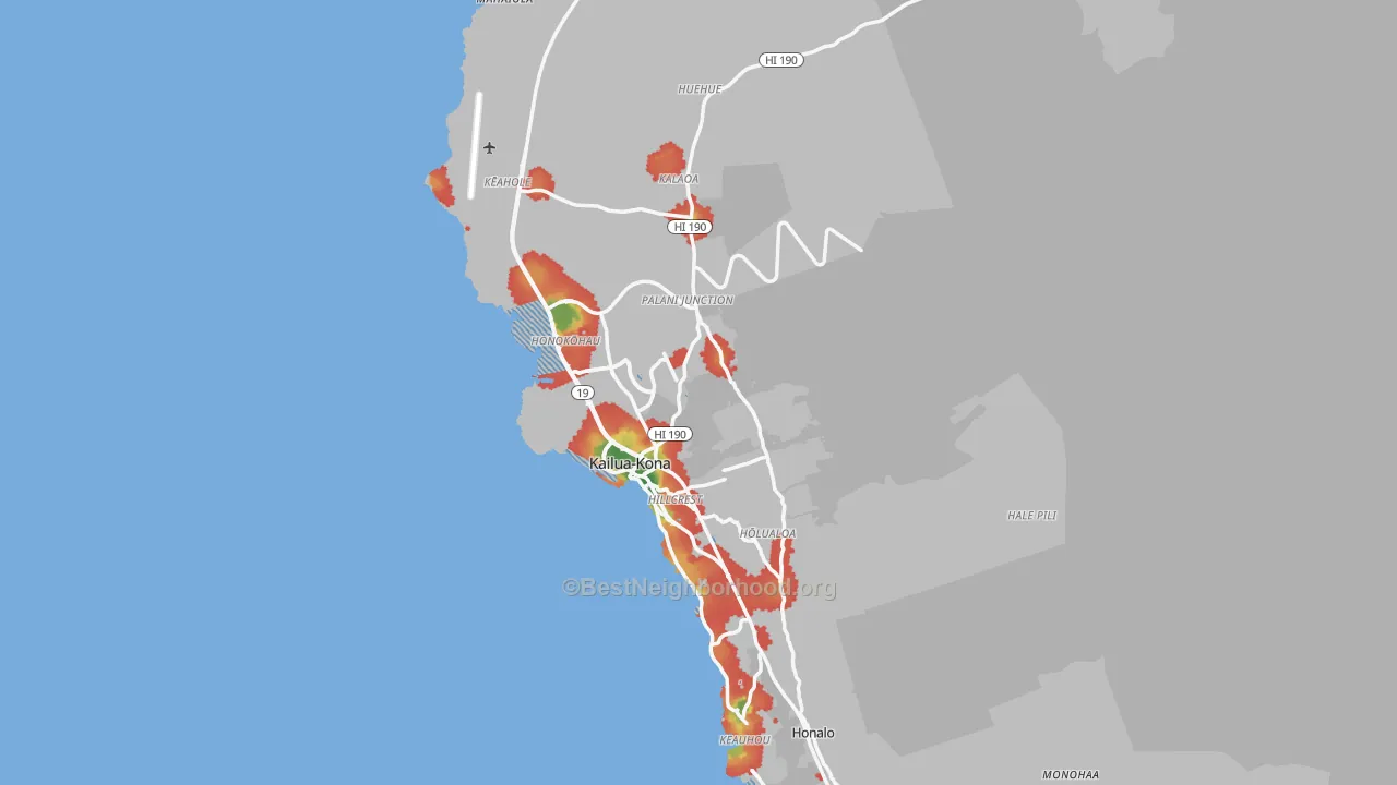 Walk Grade map of Kailua-Kona, HI, walkable areas in green and car-dependent areas in red