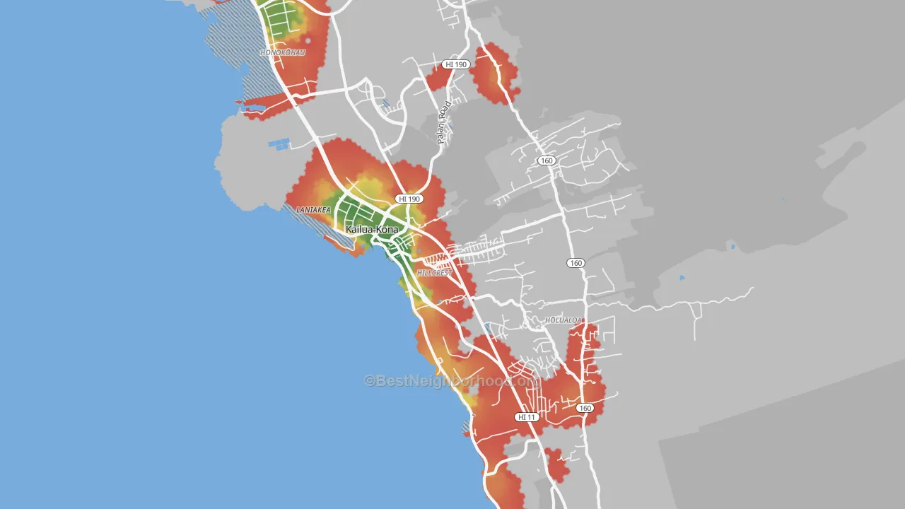 Walk Grade map of Kailua Kona, Kailua-Kona, HI, walkable areas in green and car-dependent areas in red
