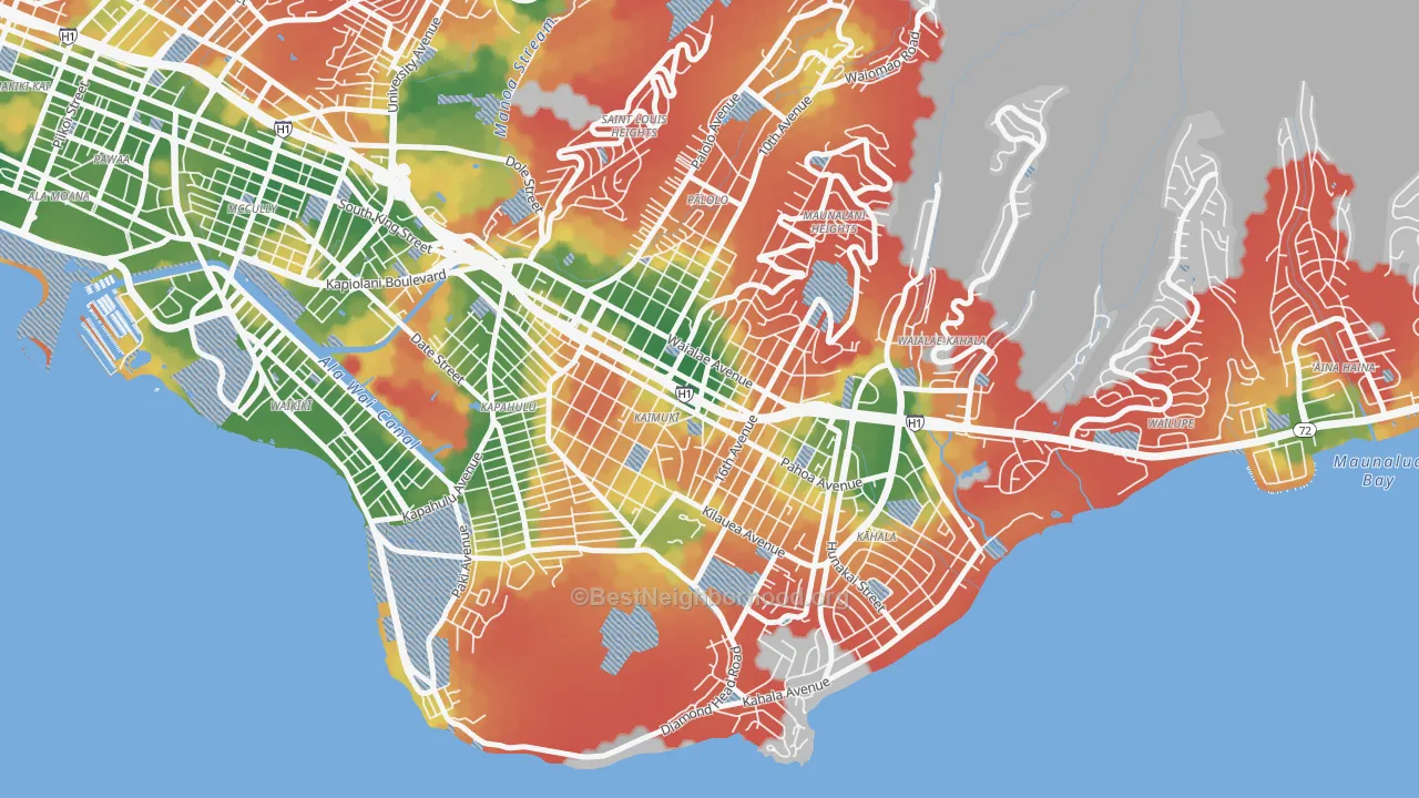 Walk Grade map of Kaimuki, Honolulu, HI, walkable areas in green and car-dependent areas in red