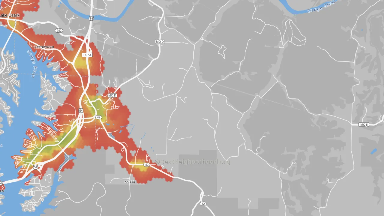 Walk Grade map of Kaiser, MO, walkable areas in green and car-dependent areas in red