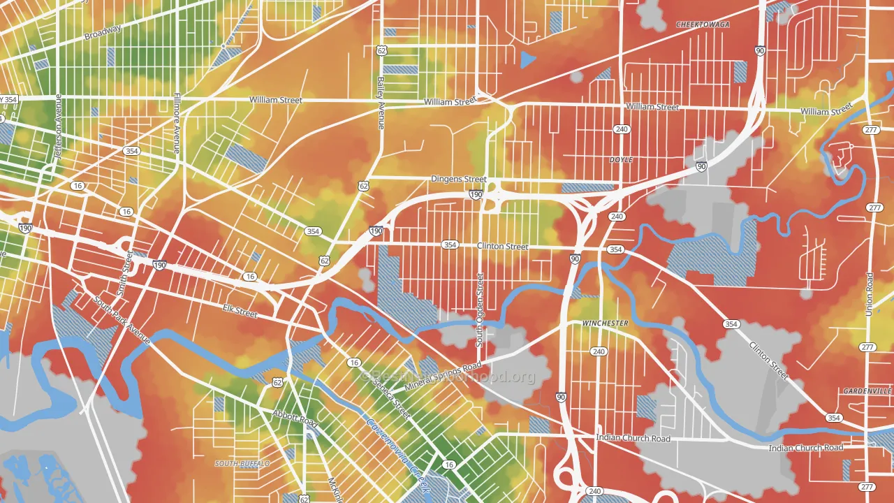 Walk Grade map of Kaisertown, Buffalo, NY, walkable areas in green and car-dependent areas in red