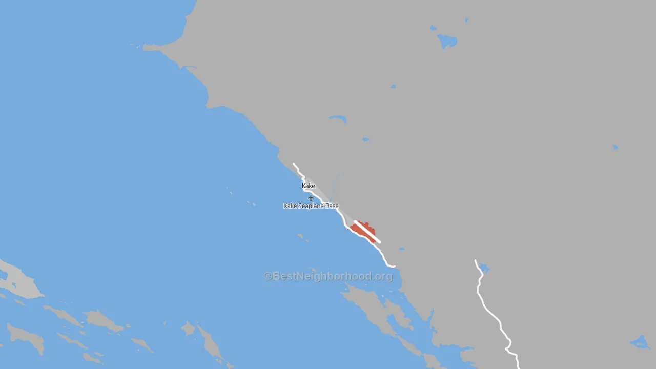 Walk Grade map of Kake, AK, walkable areas in green and car-dependent areas in red