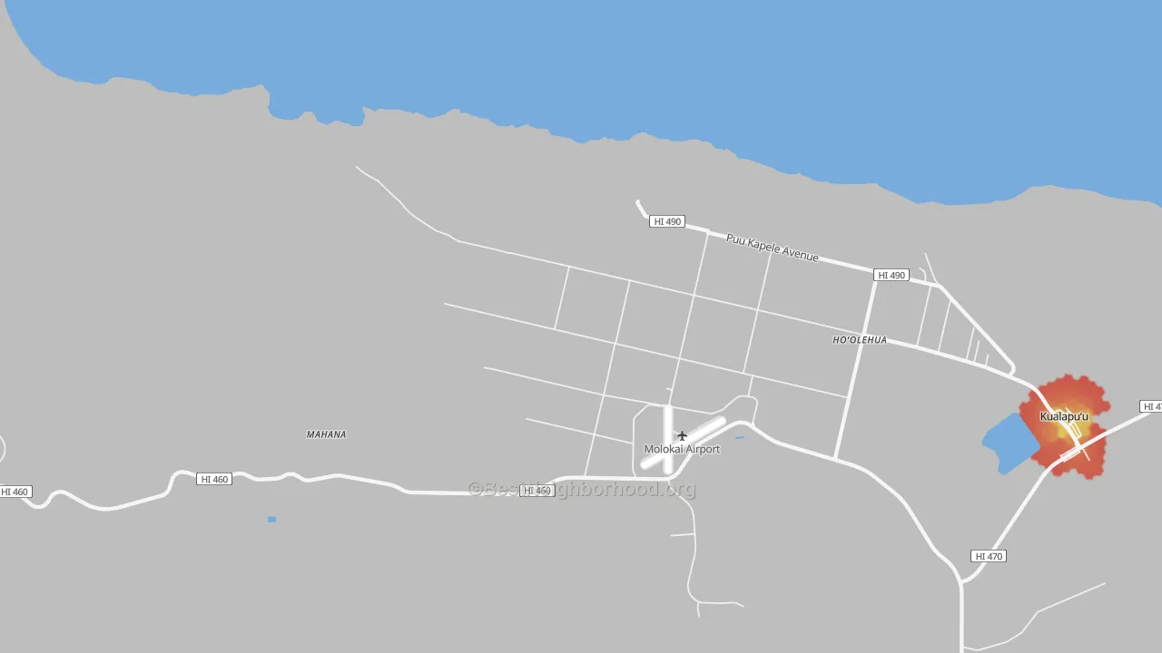 Walk Grade map of Kalae, HI, walkable areas in green and car-dependent areas in red