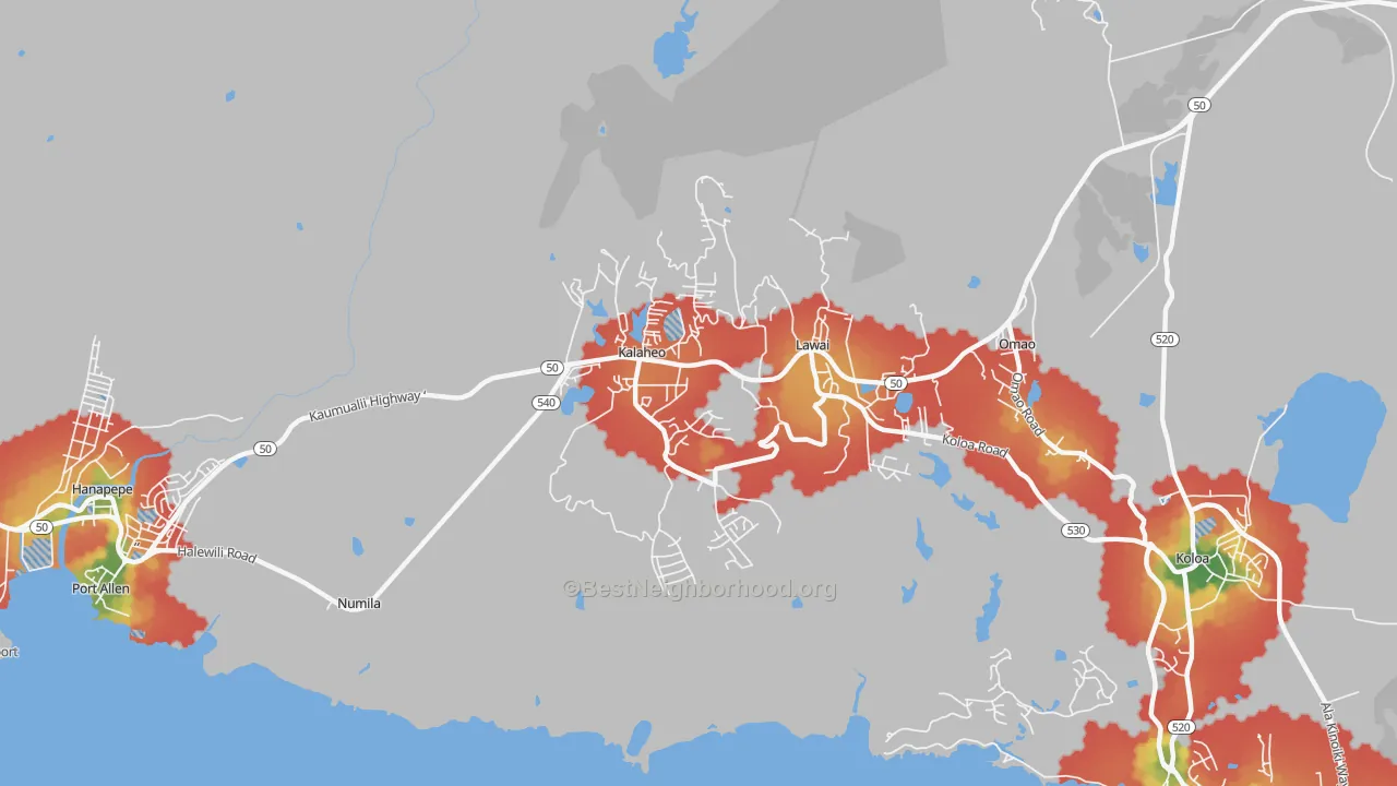 Walk Grade map of Kalaheo, HI, walkable areas in green and car-dependent areas in red