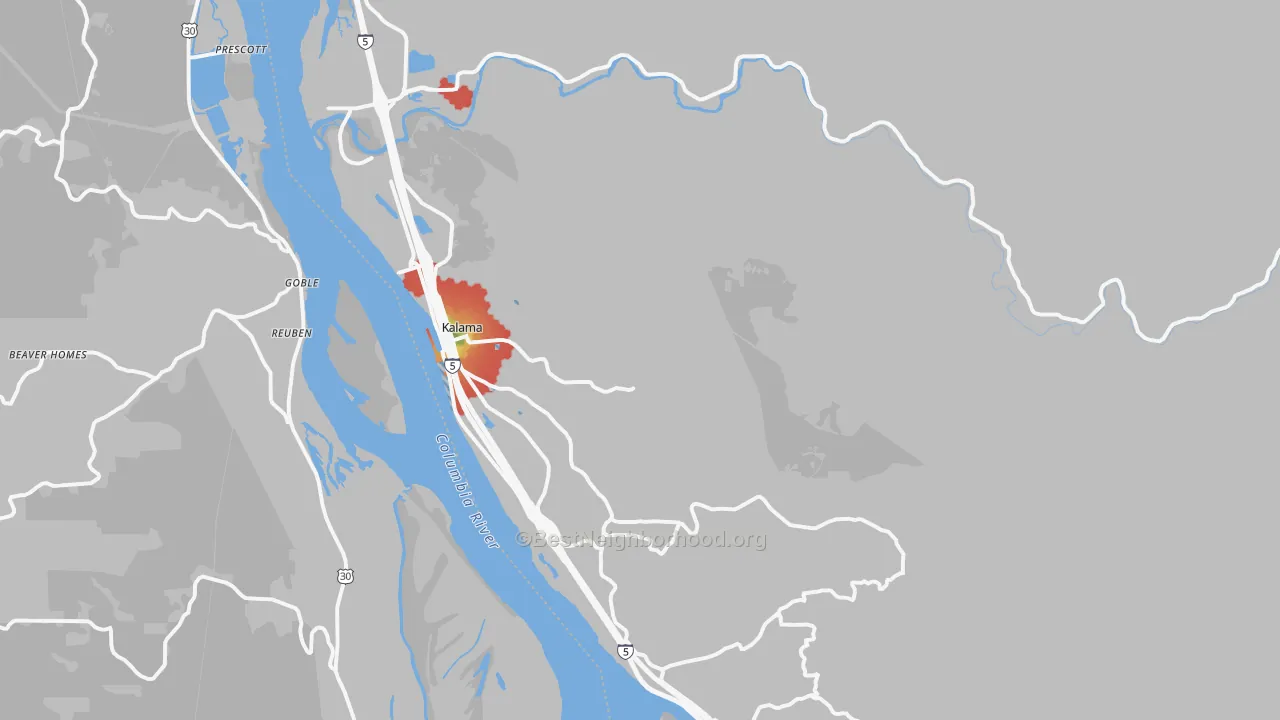 Walk Grade map of Kalama, WA, walkable areas in green and car-dependent areas in red