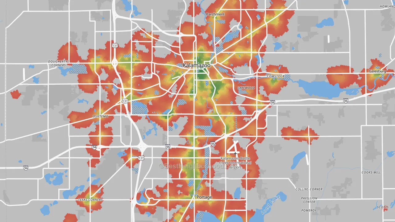 Walk Grade map of Kalamazoo County, MI, walkable areas in green and car-dependent areas in red