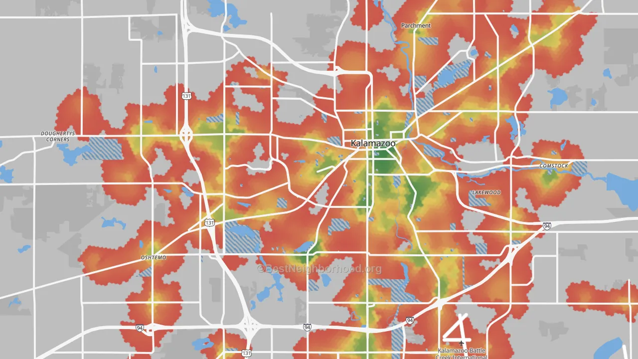 Walk Grade map of Kalamazoo, MI, walkable areas in green and car-dependent areas in red