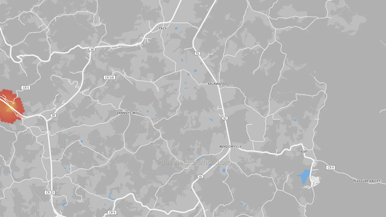 Walk Grade map of Kalamazoo, WV, walkable areas in green and car-dependent areas in red