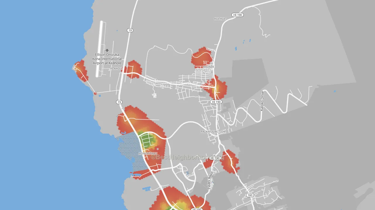 Walk Grade map of Kalaoa, HI, walkable areas in green and car-dependent areas in red