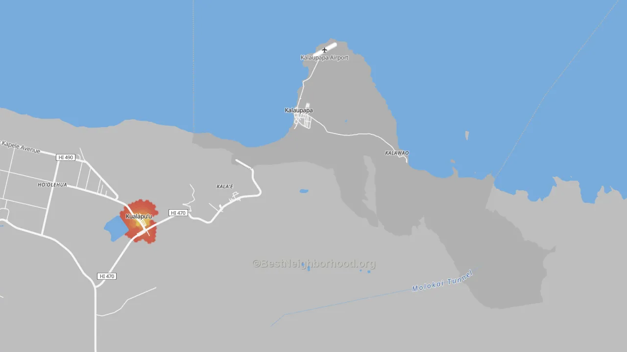 Walk Grade map of Kalaupapa, HI, walkable areas in green and car-dependent areas in red